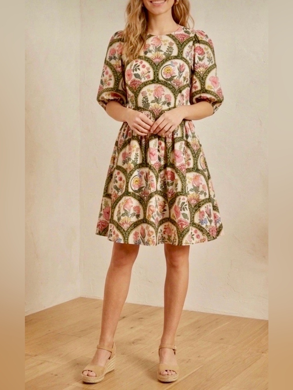 Christian Lacroix Floral Scoop-Neck Mini Dress With Lace Up Back / Puff Sleeve